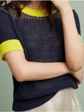 Anthropologie Moth Open Knit Mesh Ringer Sweater Tee Navy Chartreuse XS